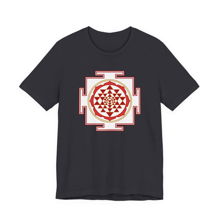 Black t-shirt featuring a red and gold Sri Yantra sacred geometry mandala design.