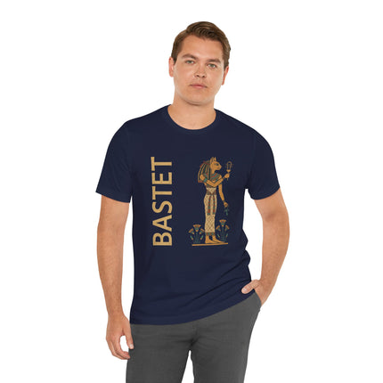 Bastet Egyptian goddess graphic tee featuring the cat goddess, ankh, and lotus symbols.