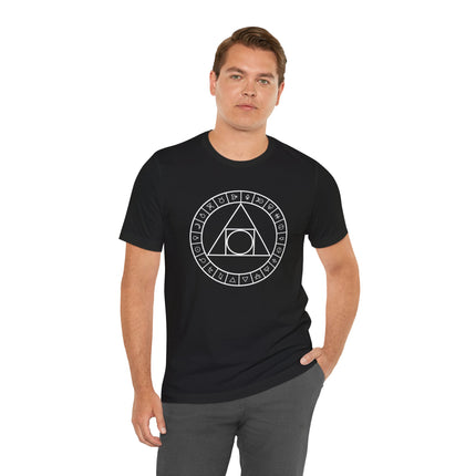 Alchemy symbols sacred geometry graphic tee featuring the Philosopher's Stone diagram.