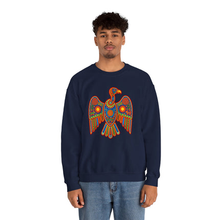 Vibrant Mexican folk art condor graphic, inspired by Huichol tribal patterns, printed on a dark sweatshirt.