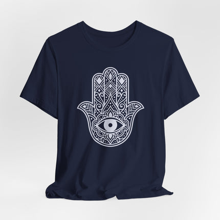 Hamsa hand and Evil Eye graphic tee for spiritual protection and good luck.