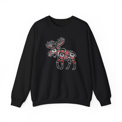 Moose graphic sweatshirt in traditional Northwest Coast Indigenous art style pullover.