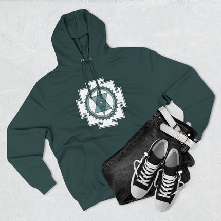 Sacred geometry yantra design on a dark teal spiritual pullover hoodie.