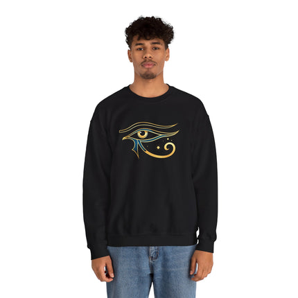 Golden Eye of Horus symbol graphic on a black pullover, representing ancient Egyptian protection and mythology.