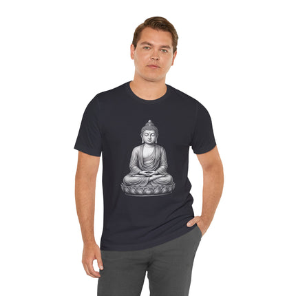 Meditating Buddha on a lotus graphic tee, symbolizing Zen peace and enlightenment.
