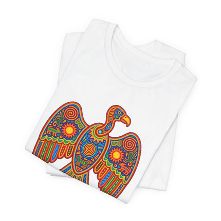 Mexican Huichol folk art vulture symbol graphic tee featuring vibrant indigenous Mexican design.