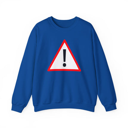 Red warning sign with exclamation mark graphic on a blue pullover sweatshirt.