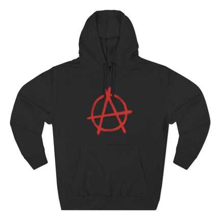 Anarchy symbol graphic on a black distressed pullover hoodie.