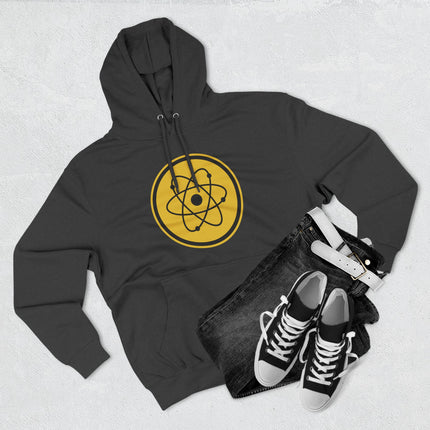Black science hoodie with yellow atomic symbol graphic. Perfect for physics and chemistry enthusiasts.