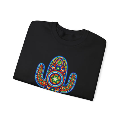 Vibrant Huichol cactus art sweatshirt featuring Mexican indigenous patterns on a pullover design.
