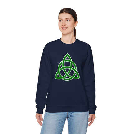 Green Celtic Triquetra knot graphic on a dark blue sweatshirt. Irish knotwork design.
