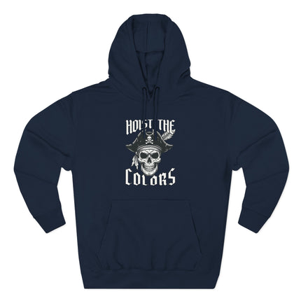 Hoist the Colors" pirate skull graphic hoodie featuring a tricorn hat design.