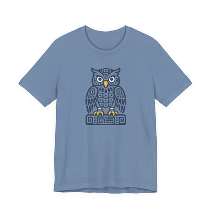 Mayan Owl T-Shirt | Rust Geometric Bird with Pale Circular Eyes Tee