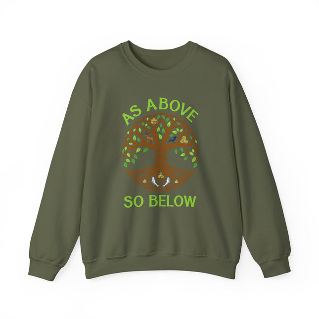 As Above So Below Tree of Life sweatshirt featuring Celtic mythology nature graphic.