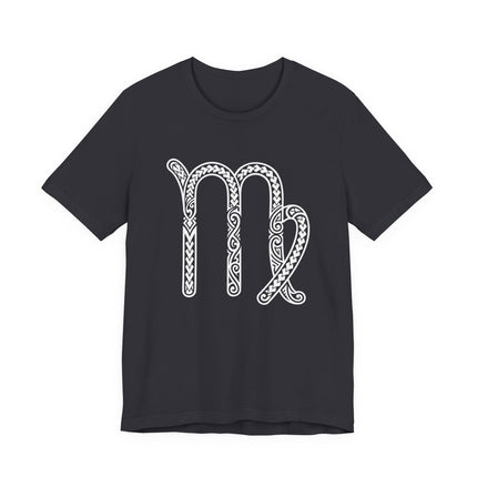 Black t-shirt featuring a white tribal Virgo zodiac symbol. Astrology star sign graphic tee.