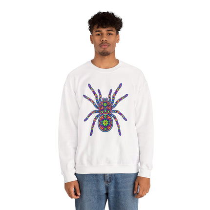 Vibrant folk art tarantula graphic on a white unisex sweatshirt.