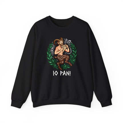 Pan Greek God sweatshirt featuring a mythological graphic of Pan and his flute.