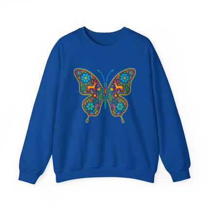 Vibrant Mexican folk art butterfly design on a blue unisex sweatshirt.