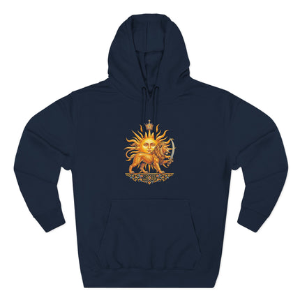 Persian Lion and Sun (Shir-o-Khorshid) symbol graphic on a navy pullover hoodie.