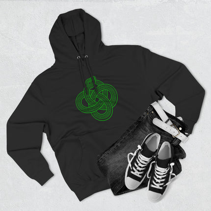 Green Celtic knotwork Ouroboros symbol printed on a black pullover hoodie.