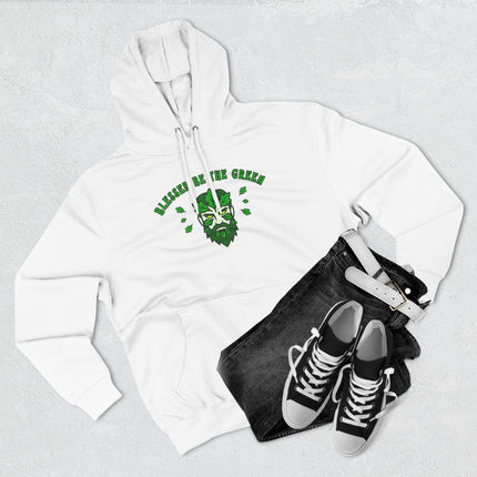 Blessed Be The Green Man" graphic on a white hoodie, featuring a pagan nature spirit design.