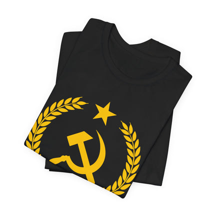 Black t-shirt graphic featuring the hammer and sickle, laurel wreath, and Soviet star emblem.