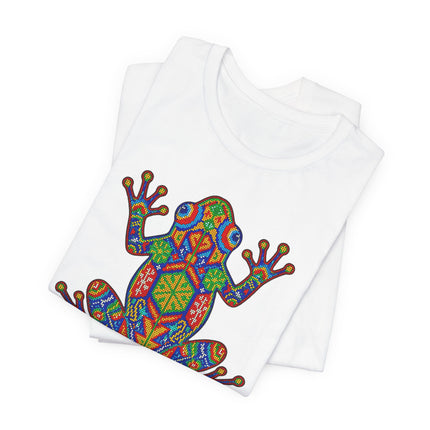 Colorful Huichol art frog graphic tee featuring vibrant Mexican indigenous mosaic patterns.