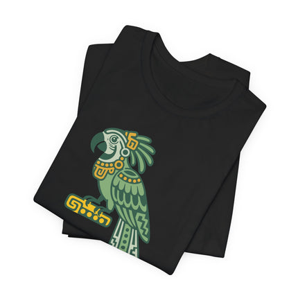 Mayan Parrot T-Shirt | Green and Gold Patterned Perched Bird Tee