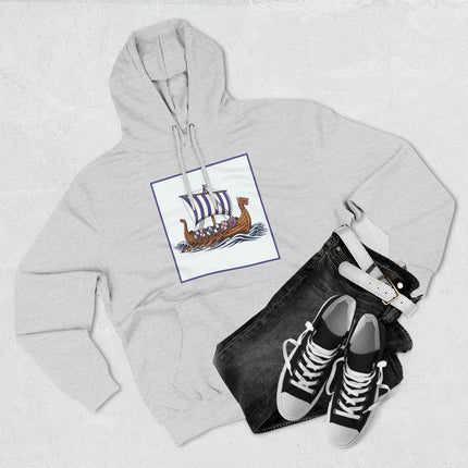 Viking longship graphic hoodie. Norse mythology design featuring a sailing ship on the waves.