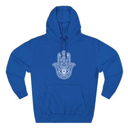 Blue hoodie featuring ornate hamsa hand and evil eye protection symbol.