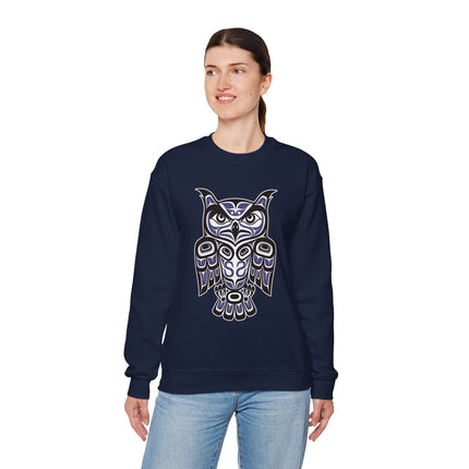Indigenous Pacific Northwest owl formline art graphic on a navy sweatshirt.