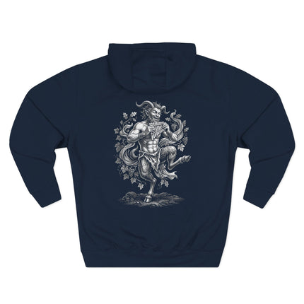 Satyr playing a pan flute illustration, featuring Greek mythology and nature elements.