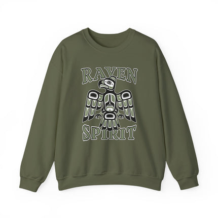 Haida art raven graphic and "Raven Spirit" text on a pullover sweatshirt.