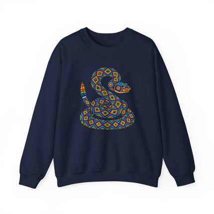 Vibrant patterned rattlesnake graphic inspired by Huichol art on a navy pullover sweatshirt.