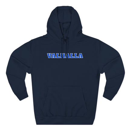 Valhalla Norse mythology graphic hoodie featuring bold blue text print.