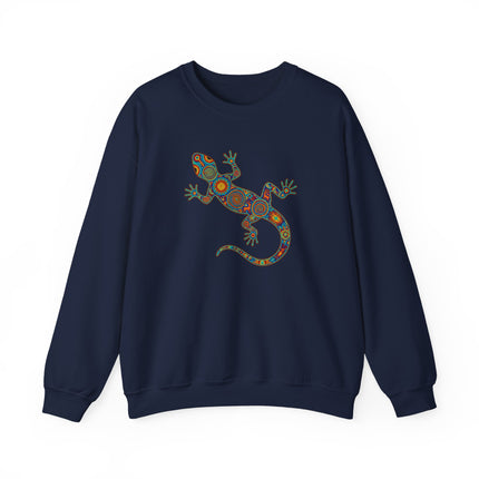 Colorful Huichol tribal art gecko lizard design on a unisex pullover sweatshirt.