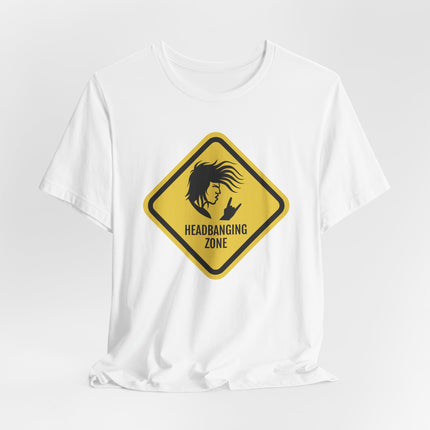 Headbanging Zone warning sign graphic on a rock metal t-shirt.