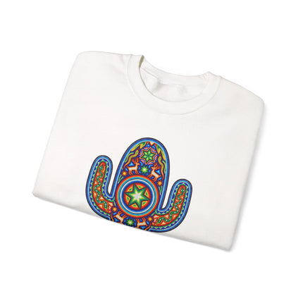 Vibrant Huichol cactus art pullover sweatshirt with Mexican indigenous patterns.