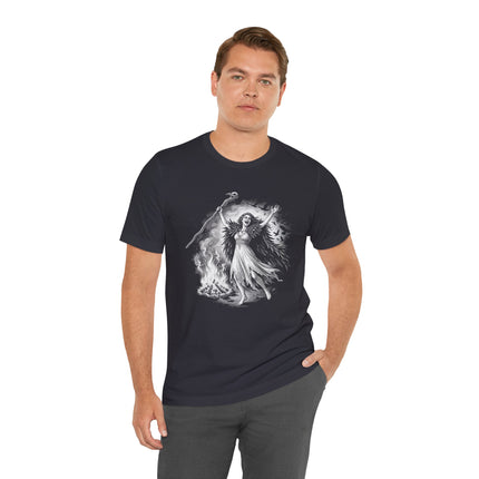 Celtic goddess The Morrigan raven ritual design on a black t-shirt.