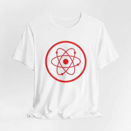 Red atomic symbol graphic on a white science physics t-shirt.