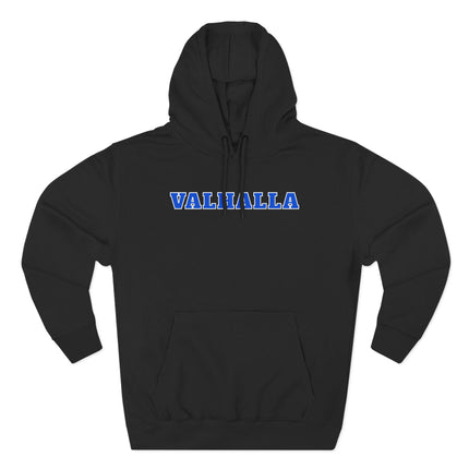 Valhalla Norse mythology graphic hoodie featuring bold text for Viking apparel.