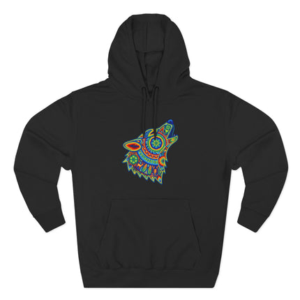 Huichol Wolf Howling Hoodie | Colorful Tribal Art Mexican Folk Pullover Hoodie