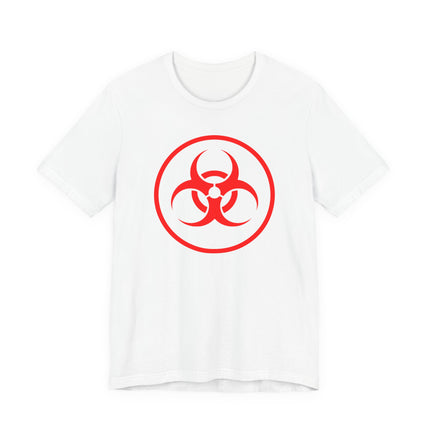 Red biohazard symbol graphic printed on a white unisex t-shirt.