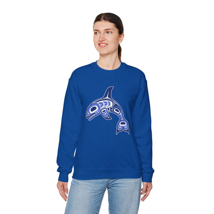Blue sweatshirt with Indigenous Formline Art orca whale graphic. Pacific Northwest style pullover.