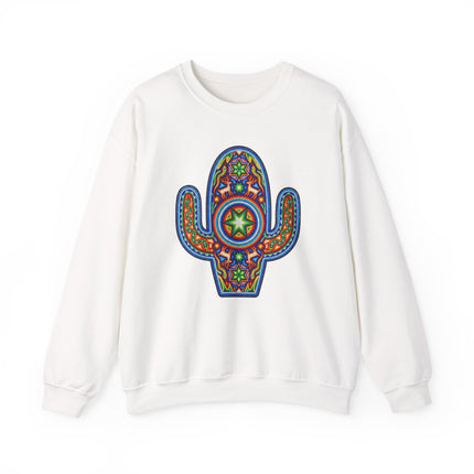 Vibrant Huichol art cactus graphic on a white unisex sweatshirt.
