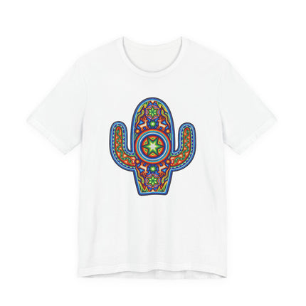 Colorful Huichol-style cactus graphic tee featuring vibrant Mexican folk art design.