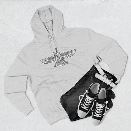 Faravahar Zoroastrian symbol graphic on a pullover hoodie. Represents Persian culture and ancient wisdom.