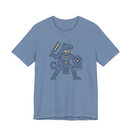 Aztec Jaguar Warrior T-Shirt | Blue and Gold Mesoamerican Graphic Tee