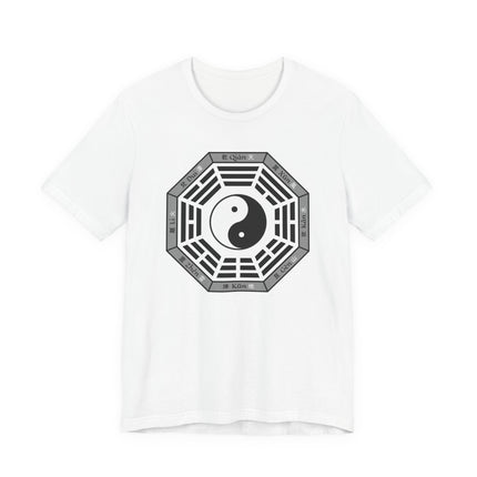 White t-shirt featuring the Bagua Eight Trigrams surrounding the Yin Yang symbol. Represents Taoist philosophy and cosmic balance.