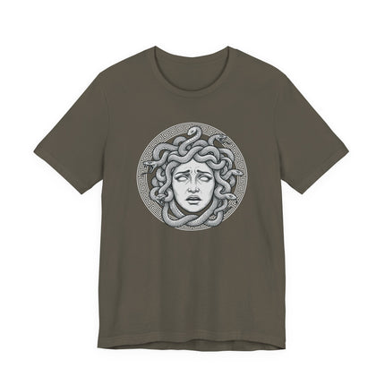 Medusa Gorgon head graphic tee featuring snakes and classical Greek mythology art.